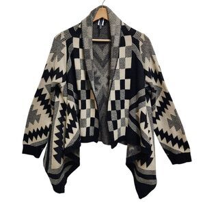 Allie & Rob Cardigan Sweater Women L Black Beige Aztec Knit Waterfall Open Front